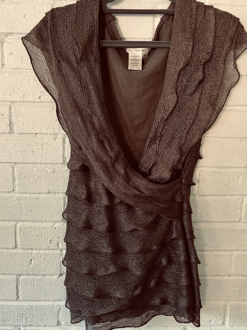 Sophie Max Studio Tiered Mesh Ruffle Knit Brown Top V-Neck Sleeveless Feminine